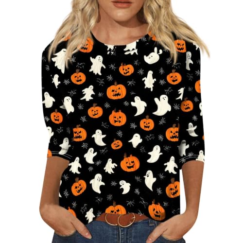 Image of Women Spooky Halloween Graphic Shirt 3 /4 Length Sleeve Crewneck Top | Halloween Funny Printed Pumpkin Plus Size Tshirts 2026 Fall Outfits Skeleton Tee Going Out Tops