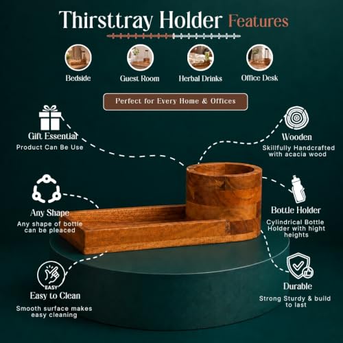 Image of Thirstray Acacia Wood Water Bottle Holder Tray | Brown Bedside Bottle & Glass Organizer | Handcrafted Wooden Drink Holder | 14 x 5 x 4 Inches | for Bedroom, Guest Room, Hotel & Office