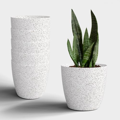 Image of YUCCABE ITALIA SHERA Stella 12 Inch Plastic Plant Pot for Home Decor Indoor Plant Pots for Living Room Plastic Flower Pot for Garden (Marble White, 12 INCH - 6 Pcs)