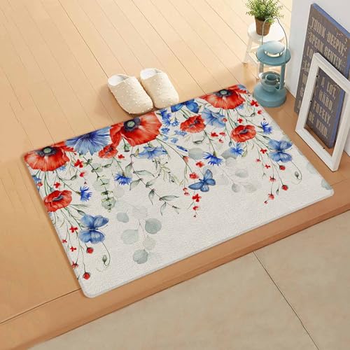 Patriotic Flower Antifatigue Kitchen Bath Door Mat Cushioned Runner Rug,Washable Welcome Floor Sink Mat,Waterproof & Non-Slip Standing Doormat for Kitchen,Independence Day Botanical Red Blue 18