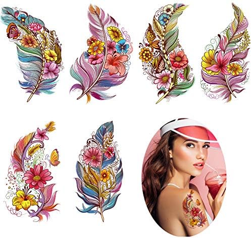 VIWIEU Large Feather Flower Temporary Tattoos 6 Sheets Colored 3D Body Art Accessories for Adults Women Teen Girls, Water Transfer Fake Beach Feather Tattoo Stickers for Festival Costume Party