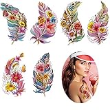VIWIEU Large Feather Flower Temporary Tattoos 6 Sheets Colored 3D Body Art Accessories for Adults Women Teen Girls, Water Transfer Fake Beach Feather Tattoo Stickers for Festival Costume Party