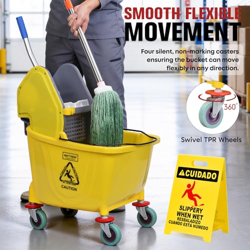 Image of MATTHEW CLEANING 34Quarts Commercial Mop Bucket INCL.Wet String Mop with Down Press Wringer On Wheels,Industrial Heavy-Duty Floor Cleaning w /Handle, Mop Bucket for Home,Offices,Commercial, Restaurants