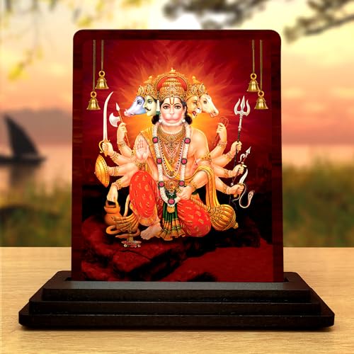 Image of Panchmukhi Hanuman Wooden Idol - Glossy Finish /Size 7.5X10 cm - Showpiece for Car Dashboard Figurine for Home Temple