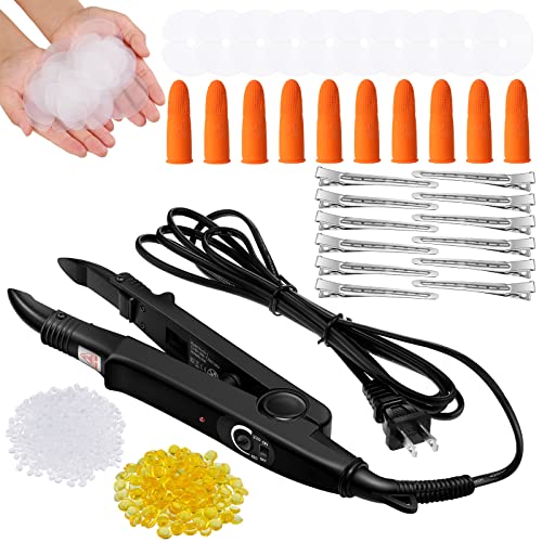 Keratin Hair Extension Kit: Heat Iron Keratin Glue Granules Protector Templates Hair Clips and Finger Protector(Black)