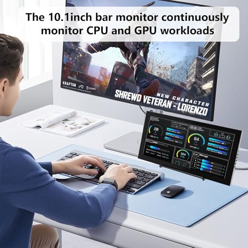 Image of Prechen 10.1 Inch Secondary Mini Monitor,IPS Stretched Bar LCD Travel Display 1540x720 USB-C HDMI Portable Secondary Display with Stand & Speaker, CNC Material for PC Laptop Rasp PI AIDA64, Speaker