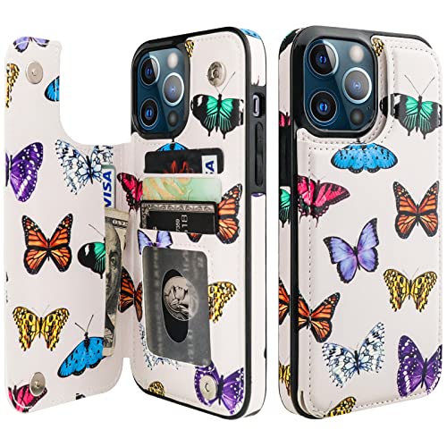 Image of HAOPINSH Compatible with iPhone 13 Pro Max Wallet Case with Card Holder, Butterfly Pattern Back Flip PU Leather Kickstand Card Slots Case for Girls Women, Double Magnetic Clasp Shockproof 6.7 inch