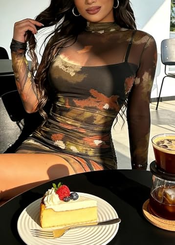 Image of MOEENCN Sexy Long Sleeve Mini Dress for Women Sheer Mesh Printed 2 Piece Skirt Set Crew Neck See Through Bodycon Clubwear