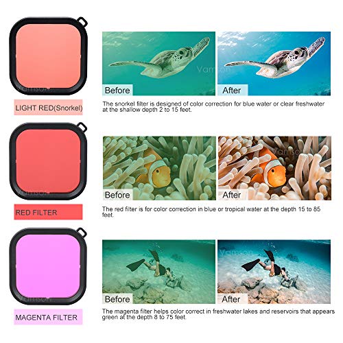 Vamson Kit de acessórios para GoPro Hero 9 capa impermeável preta + 3 filtros de lente + estojo de t