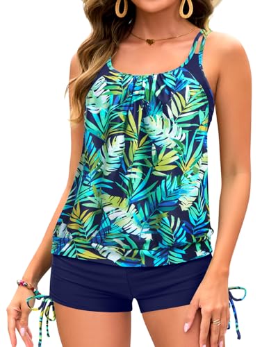 Image of Holipick Tankini Swimsuits Two Piece Tummy Control Bathing Suits Blouson Swim Tank Top with Boy Shorts