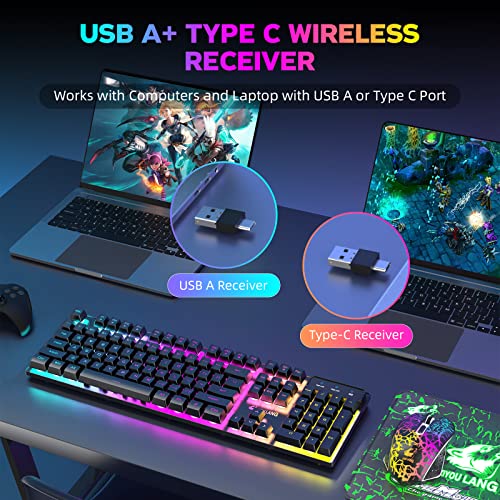Image of T3 PRO Wireless Keyboard Mouse Combo, USB /Type-C Dual Receiver, Rainbow Backlit 2.4G Rechargeable 4000 Battery Mechanical Feel Gaming Keyboard + 2400DPI 6 Buttons Gaming Mouse + Mouse Pad(Black)