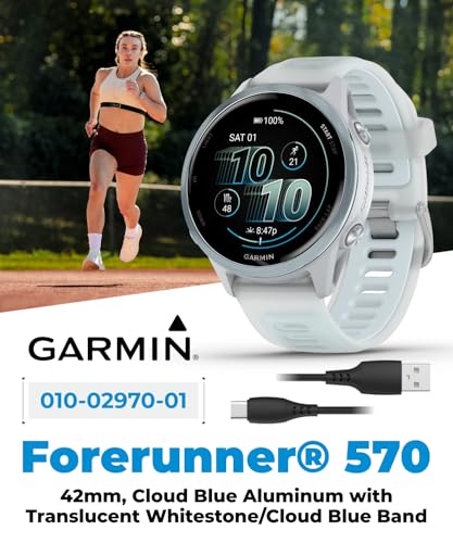 Image of Garmin Forerunner 570 42mm Advanced GPS Running & Triathlon Smartwatch, AMOLED Display, Training & Recovery, Cloud Blue Aluminum w /Translucent Whitestone /Cloud Blue Band w / Wearable4U PowerBank Bundle