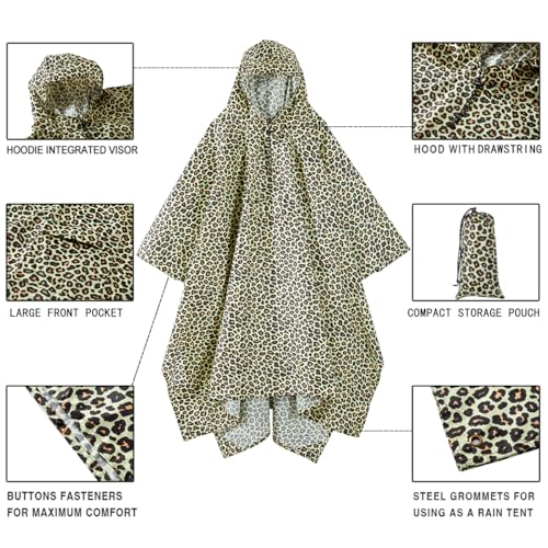 salamra Regenponcho mit Kapuze, wasserdicht, Regenmantel, Jacke mit Tasche, für Herren/Damen/Erwachsene, Leopard