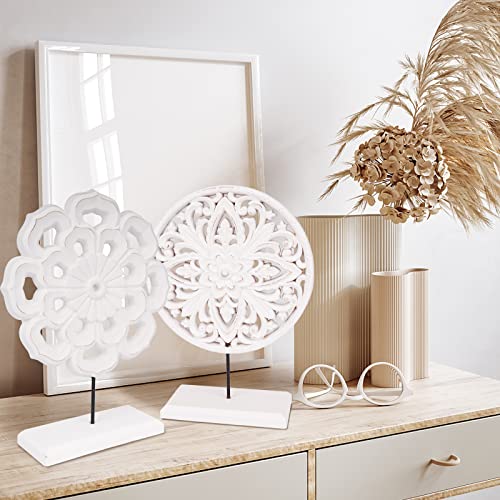 Axearte 2 Pack Wooden Carved Cutout Flower Medallion Sculpture, Rustic Distressed White Mdf Statues Home Tabletop Decor, Decorative Ornaments For Living Room, Bedroom, Office Desktop, Cabinets #TOP3