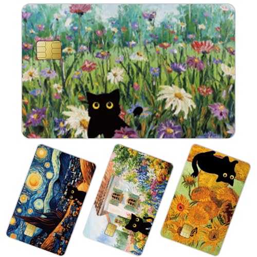AFRITEE Credit Card Sticker Skin - 4 Pcs Cute Black Cat Debit Card Cover Stickers, Flower Sunflower Personalized Credit Cards Skin Decals for Bank Key Cards Decoration