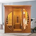 Infrared 2 Person Wooden Sauna Room, Luxurious Red Cedar Sauna with Recliner, 3400W Dry Heat Sauna for Home, 9 Heating Panels, Bluetooth Speaker, 7Color Lights, Oxygen Bar, 220V (Red Cedar)