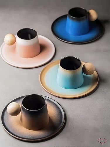 Juego de tazas y platillos de cerámica, bonito color degradado, con asas esféricas de madera, tazas de té y platillos de 7 onzas (7.1fl oz), tazas