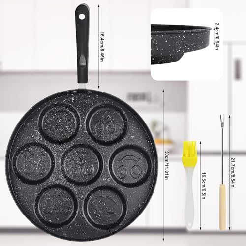 ICEBLUEOR Pancake Pan, 7 Holes Non Stick Pancake Maker, 26 cm Egg Frying Pan Pancake Mould, Mini Pancake Maker Crepe Pan, Versatile Induction Pancake Pan with Turn Sticks and Brush - Image 3