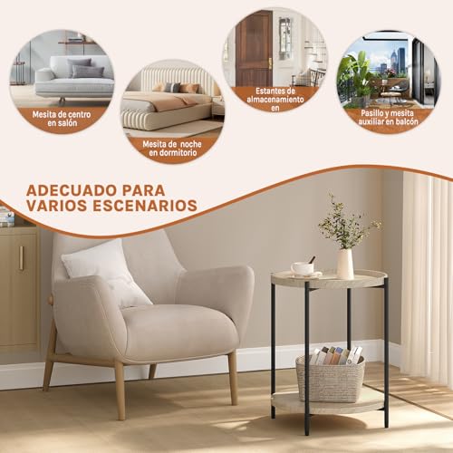 Miniatura 7 de Woltu Mesa De Centro, Mesa Auxiliar Redonda Con 2 Estantes, Mesita De Noche, Mesilla Para Sofá Dormitorio Y Salon, Mdf Metal, Roble Claro Y Negro, 43x43x51 Cm, Bts06hei