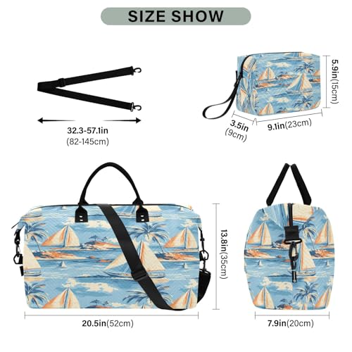 Weekender Bags Travel Duffel Gym Bag Sailboat Palm Sea Wave Pattern Carry on Overnight Tote Bag with Toiletry Bag for Airplane Travel Trip Gym Yoga3