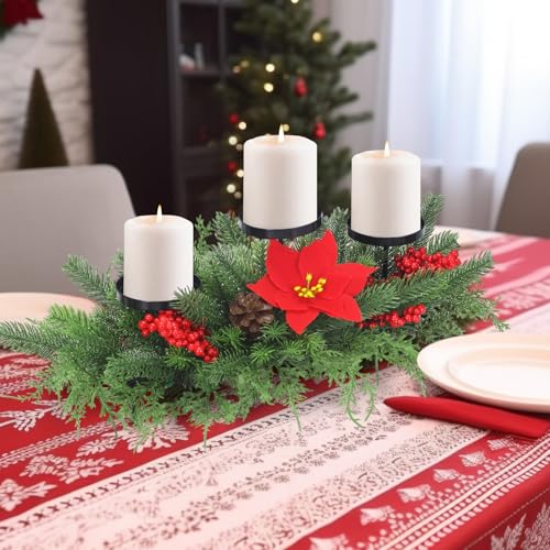 テーブルセンターピースデコレーション用クリスマスキャンドルホルダー、クリスマスアレンジメント燭台、キャンドルホルダー3個付き、レッドベリーパインコーン、ダイニングテーブルトッパー、キッチン暖炉、ホームデコレーション用(レッド) [5]
