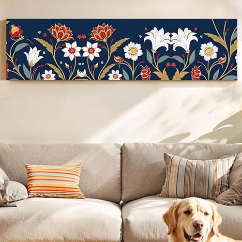 Image of Blue Luxury Floral Botanical Canvas Wall Art Painting For Living Room, Navy Blue Ornamental Flowers Painting, Elegant Panoramic Decorative Wall Art For Home & Office Decor, 12x46 Inch