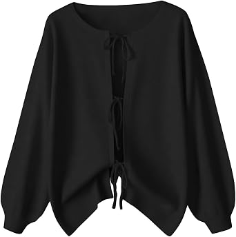 Bow Tie Front Tops for Women Crew Neck Long Sleeve Open Front Knit Cardigan Sweaters 2025 Fall Going Out Clothes