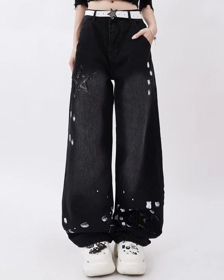 Y2K Aesthetic Cargo Track Pants, Cyber Fairy Grunge Pants, Downtown Girl Black Star Jeans, Gothic Ripped Pants2