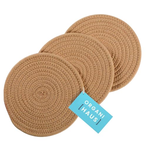 OrganiHaus Set of 3 Hot Plates to Protect Table | Dining Table Hot Pads Stylish Coasters | Trivets for Hot Dishes | Hot Pad for Kitchen | Cotton Hot Pot Holders | Trivets for Hot Pots and Pans - Honey