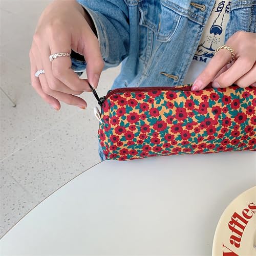Image of Pencil Case Pen Case Office College School Storage Bag Pouch Holder Box Organizer Makeup Pouch Cosmetic Bag Aesthetic floral flower Cute Pencil Case for Girls Boys Kids (Red yellow flower)