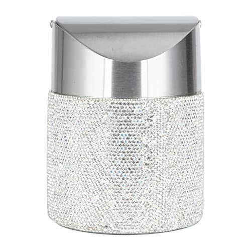 Image of KEYPOWER Bling Rhinestone Mini Trash Can Tiny Waste Can with Swing Lid Stainless Steel,Suitable for Countertop,Car,Table Desk(White)