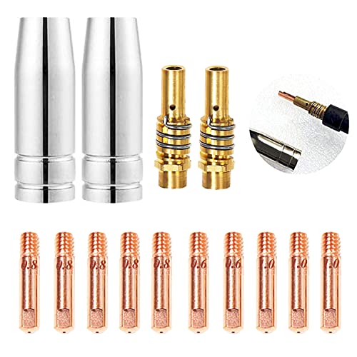 14pcs Poste a Souder Mig sans Gaz Embouts de Contact de Buse de Soudage 15AK MIG/MAG Support de Connecteur de Gaz M6 0,6 0,8 1,0mm, Buse Gas Conique, Support Tube de Contact, Consommables de Chalumeau