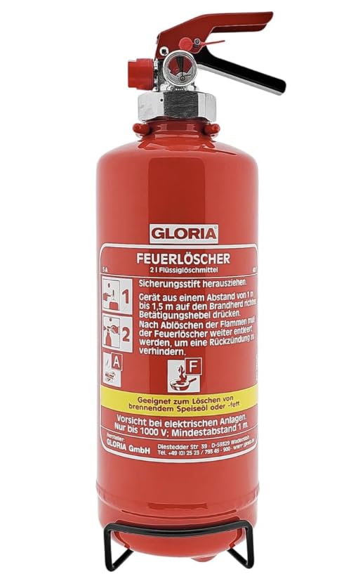 Gloria - Fettbrandfeuerlöscher FDA 2-2 Liter - Für die Brandklassen A und F - Frostsicher und Fluorfrei - inkl Halterung und aktueller Prüfplakette