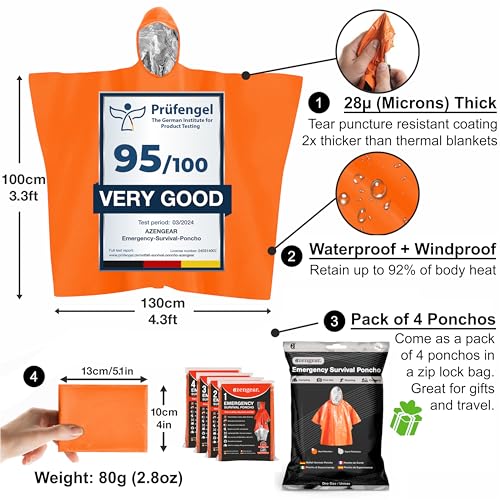 aZengear Emergency Survival Poncho (4pc) Thermal Mylar Foil Blanket for Heat Retention and Rain | Reversible with Hood | Waterproof, Windproof, Portable, Hands-Free, Outdoor Kit (Orange)