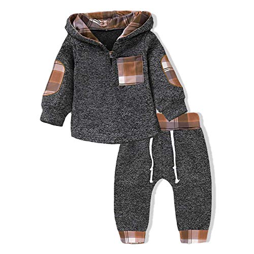 Infant Toddler Baby Boys Girls Clothes Hoodie Outfit Classic Plaid Sweatshirt + Pants Clothes Set Kids (Khaki Plaid, 6-12 Months)