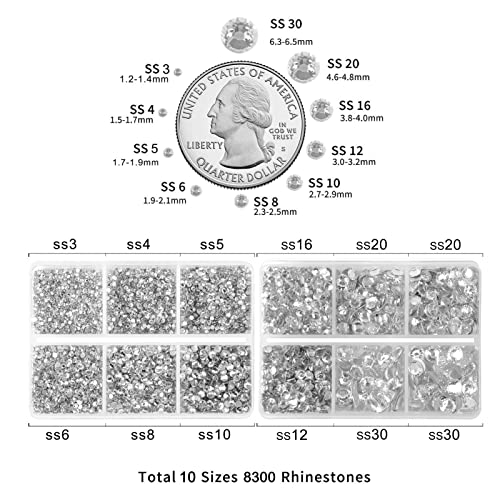 Image of Beadsland 8300PCS Flatback Rhinestones, Clear Rhinestone Nail Gems Round Crystal Rhinestones for Crafts, Mixed 10 Sizes with Wax Pencil and Tweezer Kit, SS3-SS30, Crystal | Crystal Rhinestone Round, for Crafts Nails,With Wax Pencil and Tweezers Kit, SS3-SS30, Clear