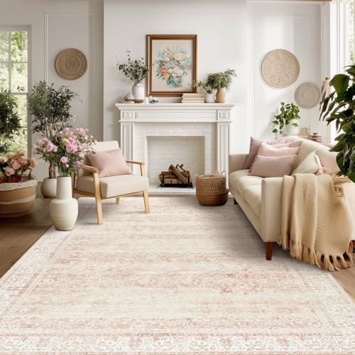 Image of BILEEHOME Light Pink Nursery Rug for Baby Girl Neutral Blush Pink Boho Floral Pattern Carpet 5 x 8 Washable Non Slip Low Pile Soft Surface Area Rugs for Living Room Bedroom Playroom,5x8