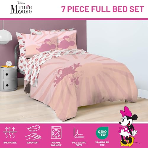 Image of Disney Minnie Mouse Full Comforter Set 7 Piece Bedding for Girls, Pink | Bed in a Bag, Comforter Sheets Shams Pillowcases, Official Product, Soft Microfiber, Machine Washable, Girls Gift