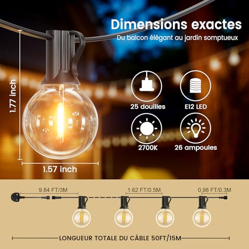 LONIUTO Guirlande lumineuse extérieure 15M avec 25+2 LED G40 2700K Blanc Chaud IP45 Imperméable pour Jardin, Terrasse et Fêtes – vue 5