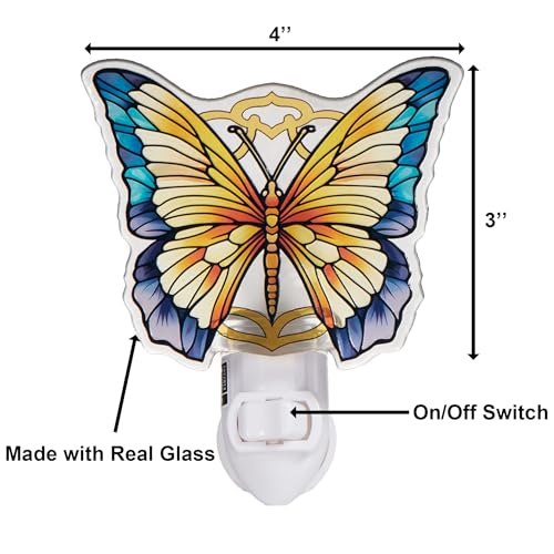 Image of Yellow Butterfly Night Light - Stained Glass Styled Plug-in Wall Light for Vertical Outlets - Real Glass, Warm Glow for Bedroom, Bathroom, Hallway - Gift for Butterfly Lovers