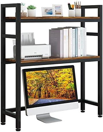 XTESMS Desktop Bookcase for Computer Desk, 2-Tier Multipurpose Wood Countertop Hutch Bookshelf, Adjustable Display Shelf Rack Organizer for Dorm Office Home - Brown