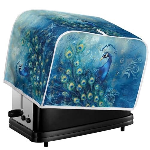 Image of Talayituse Blue Peacock Print Toaster Cover 2 Slice Wide Slot, Lightweight Dust Protection Washable Appliance Bag Bread Maker Cover, S