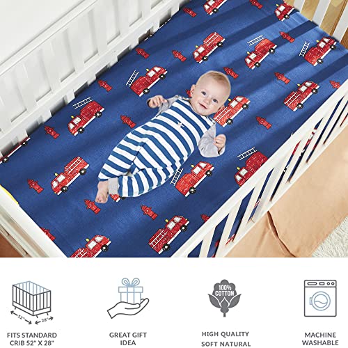 Image of Brandream Fire Truck Crib Bedding Set for Boys Girls Baby Nursery 6 Pieces Set 100% Cotton, Red Blue