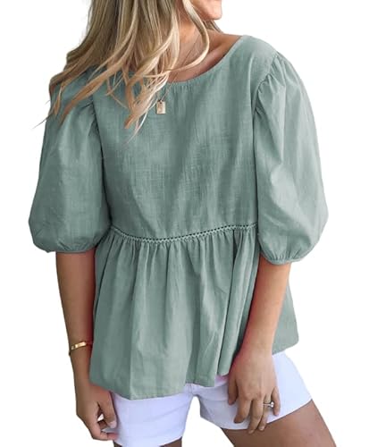 Redmore Womens Summer Peplum Tops Loose Casual Tunic 2023 Balloon Sleeve Blouses Crew Neck Cute Shirts Light Green #TOP25