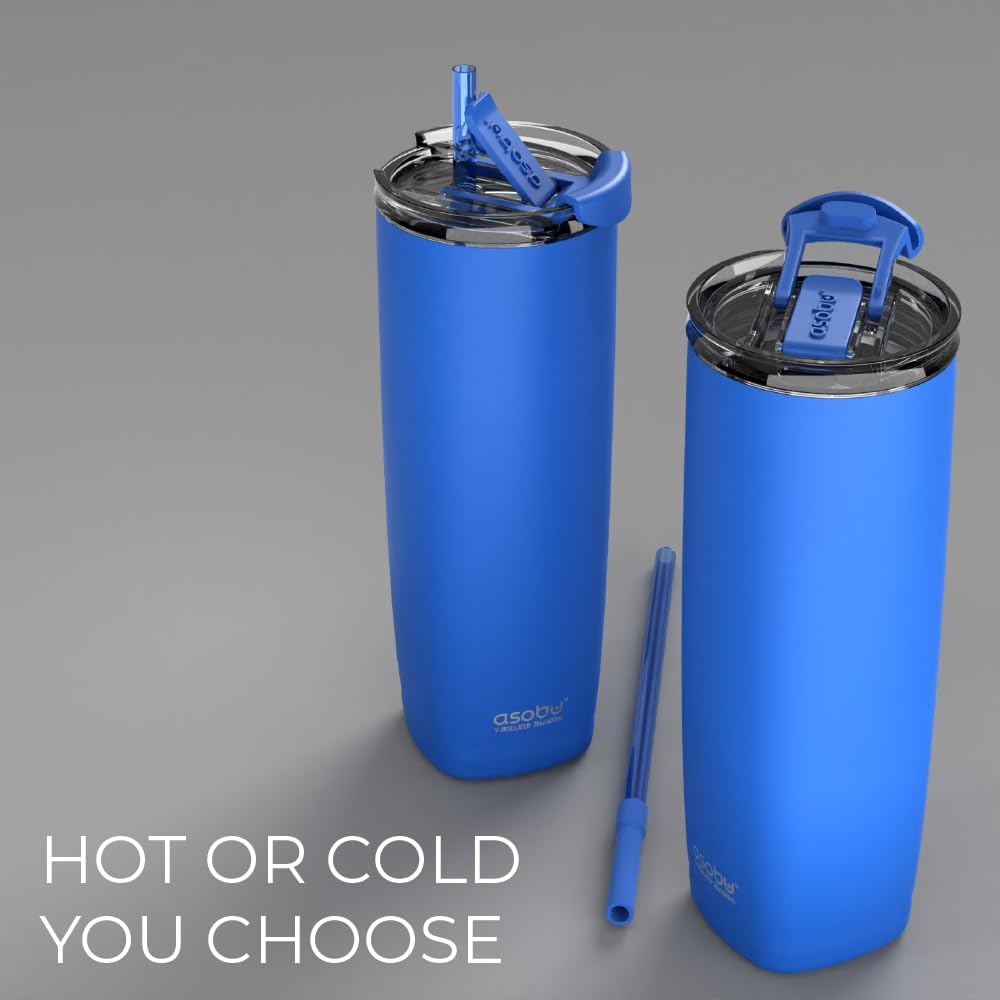 asobu Aqualina Stainless Steel Insulated Water Bottle with Interchangeable Hot and Cold Lid and Built in Straw (Blue) - Image 2