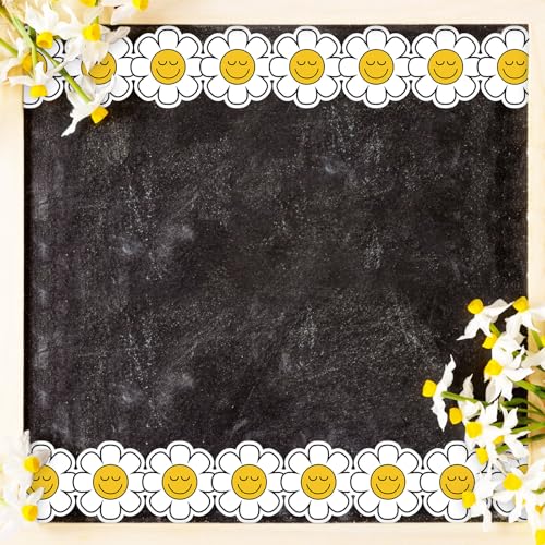 Image of Whaline 32.8 Ft Retro Daisy Bulletin Board Borders Yellow White Cartoon Daisy Flower Floral Die-Cut Border Trim for Back to School Chalkboard Wall Decoration