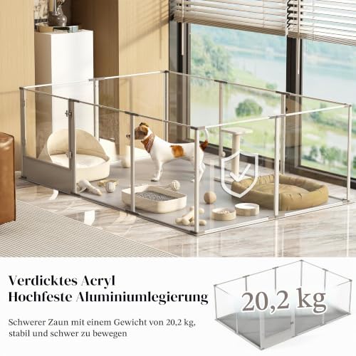 BingoPaw Acryl Wurfkiste XXL Hundezaun: 10-TLG Welpenauslauf 60 cm hoch, Gitterloser Hundelaufstall mit Tür und Wasserdichter Boden, Welpenzaun Wohnung Laufstall für Hunde Katzen, 180×120×61 cm