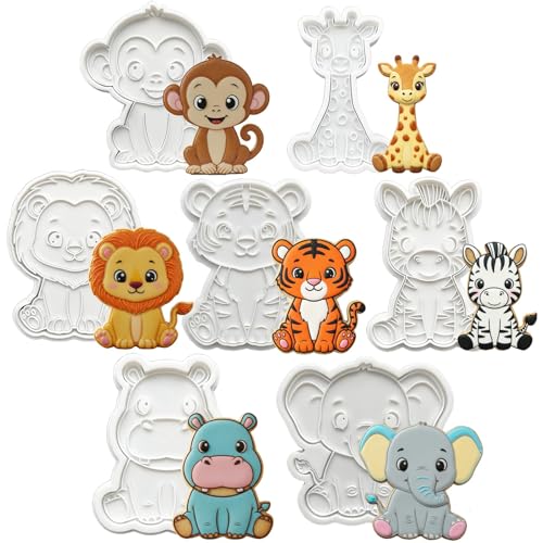Flycalf Animal Cookie Cutters 7PC Set with Stampers Handle Jungle Baking Mold for Kids Cake Supplies 3" Forest Decorating Biscuit Fondant Tool