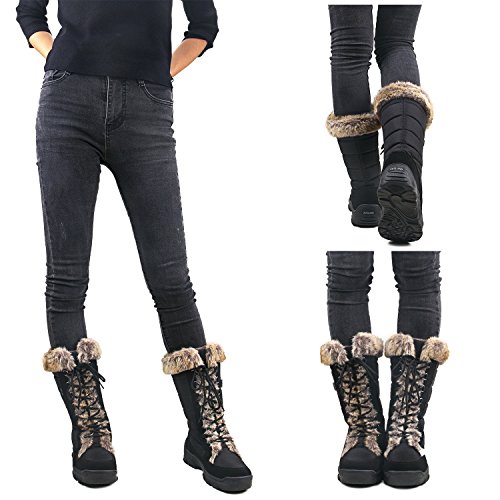 AUSLAND Women's Black Winter Snow Boots Twin Peaks Fur Cuff Mid-Calf Waterproof Lace Up Boots4
