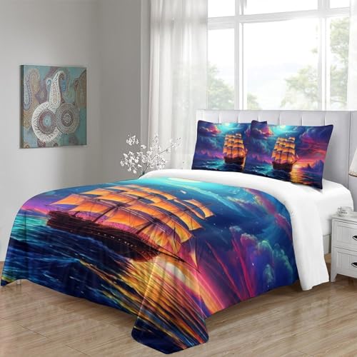Housse de couette 3D bateaux à voile 140x200 cm avec 2 taies d'oreiller en microfibre